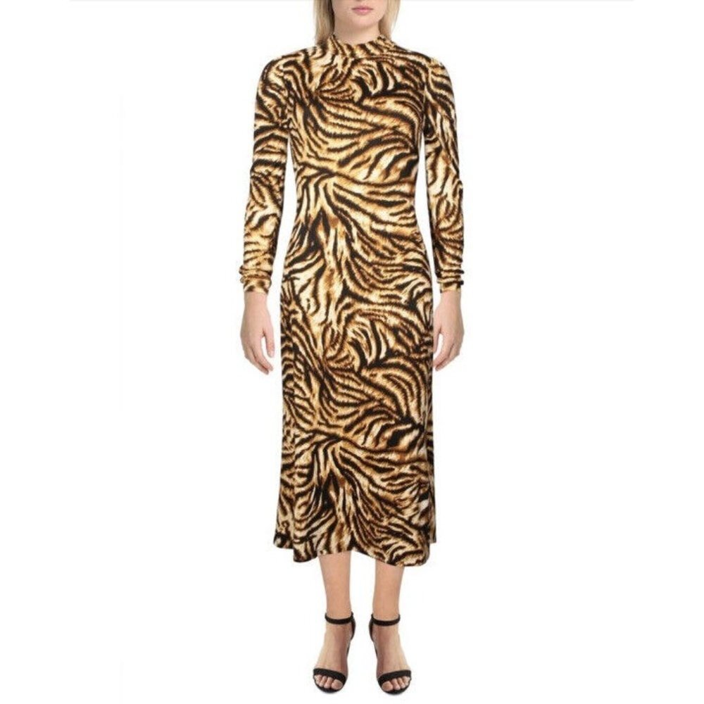Aqua Womens Sheath Dress Yellow Tiger Print Long Sleeve Mock Neck Stretch XS New